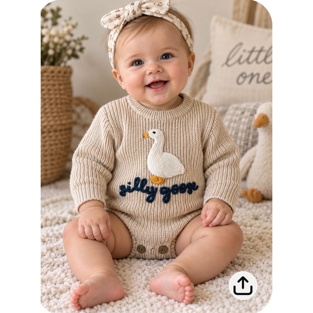 Silly Goose Baby Knit Sweater Romper 6-9 Months Embroidered Goose Beige Unisex